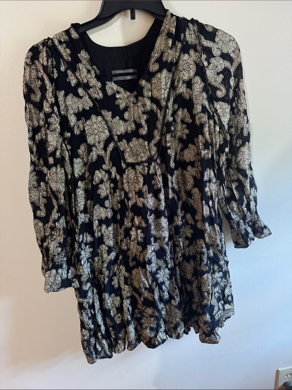 Anthropologie Black Tunic with Metallic Gold Floral Motif
